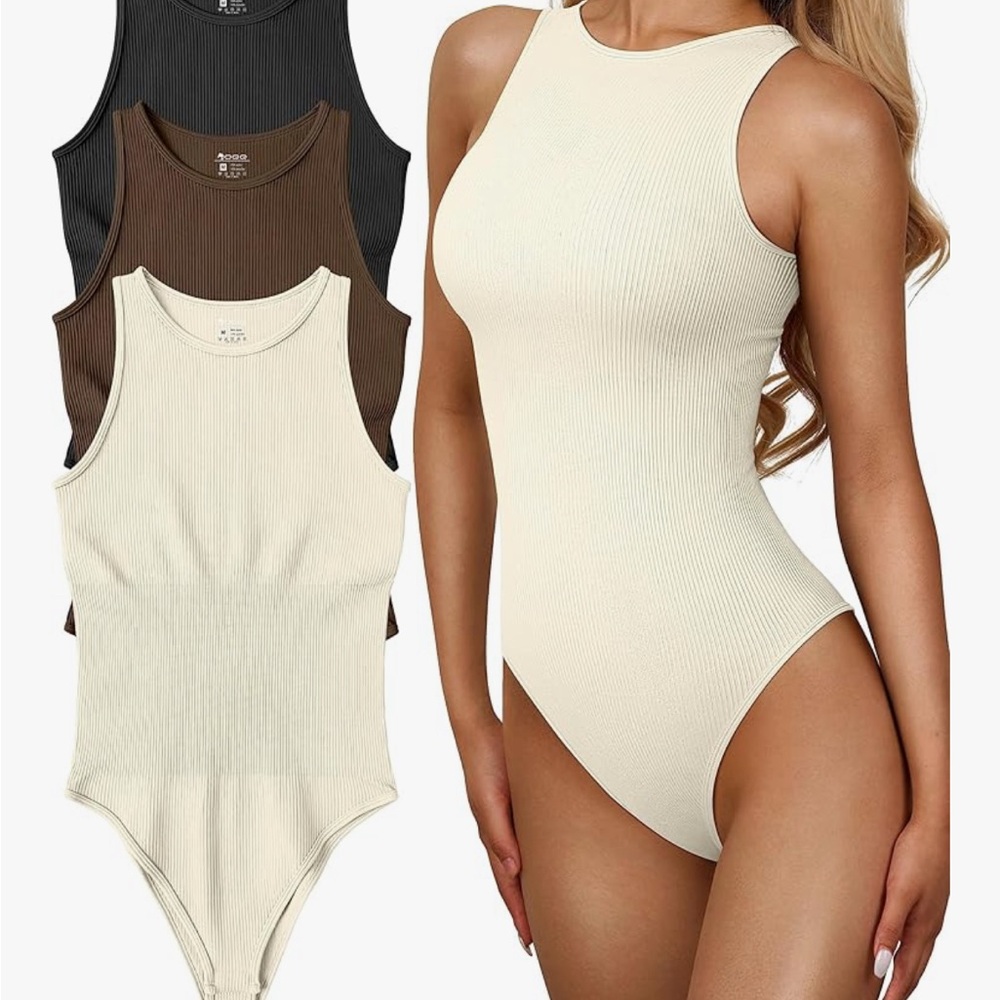 Sleeveless Ribbed Bodysuit - Cream, Brown, Black